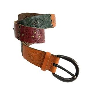 Fossil Leather Patchwork Multicolor Belt with Metal Conches Women’s Sz M